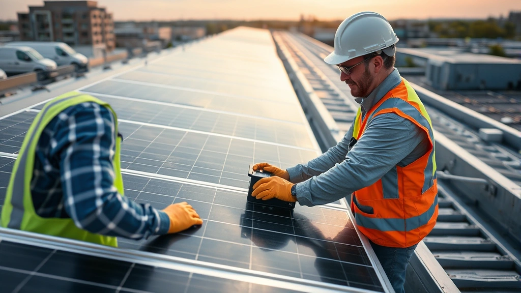 what is production tax credit - 
Close-up of solar panel array installation on commercial rooftop with technicia