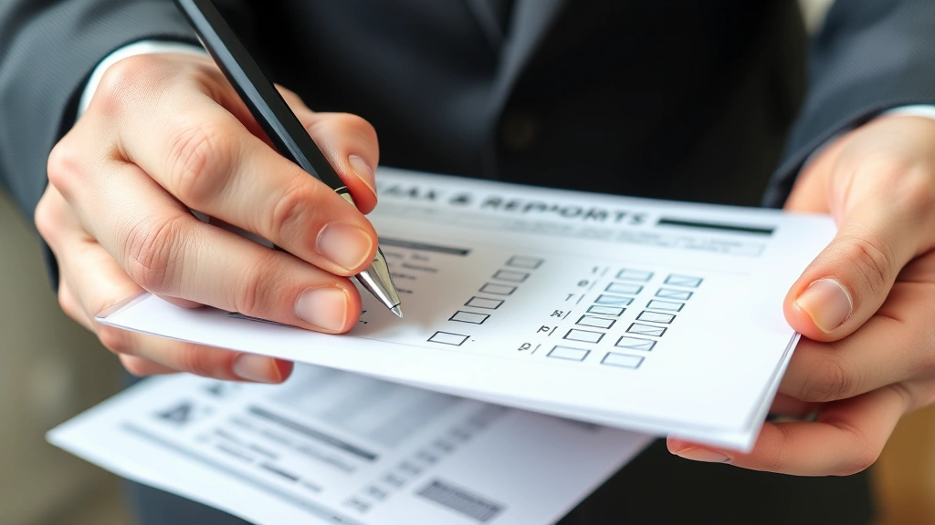 what is sui tax - 
Close-up of hands holding quarterly tax report forms with pen marking checkboxe