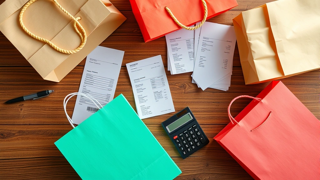 what is va sales tax - 
Overhead shot of shopping bags and receipts on wooden table with calculator and