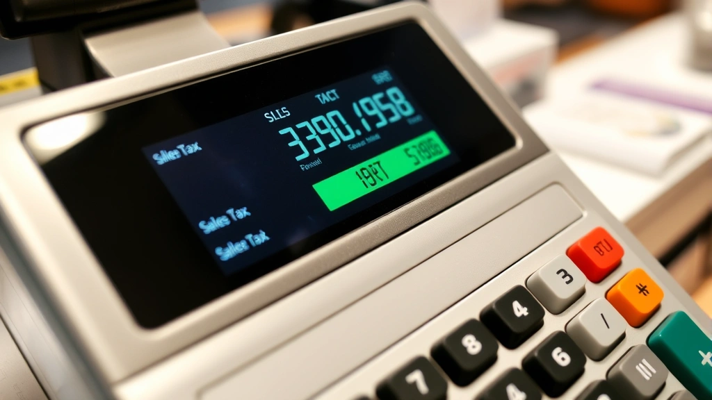 what is va sales tax - 
Close-up of cash register display showing sales tax calculation at retail check