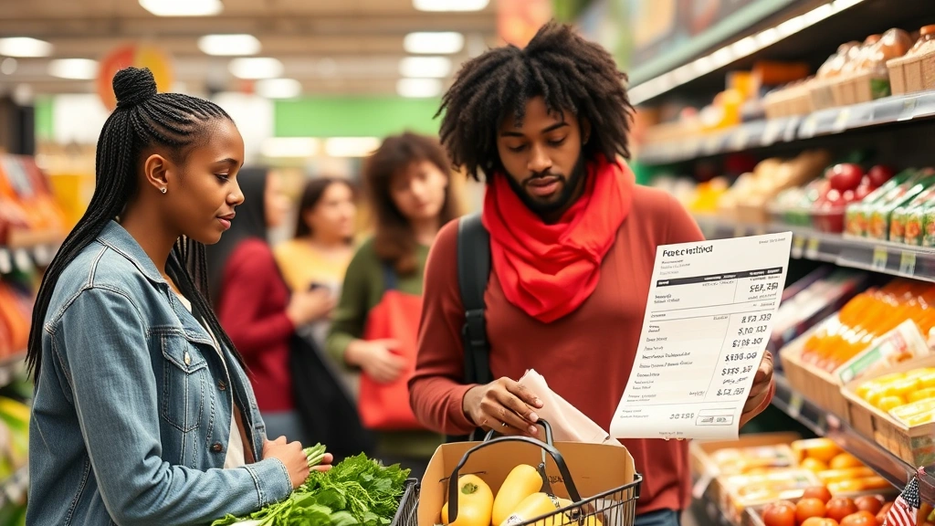 what is va sales tax - 
Diverse shopper at grocery store checkout with receipt showing itemized purchas