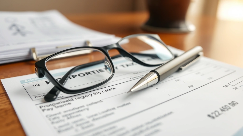 what is valorem tax - 
Close-up of property tax bill statement with pen and reading glasses on desk, w