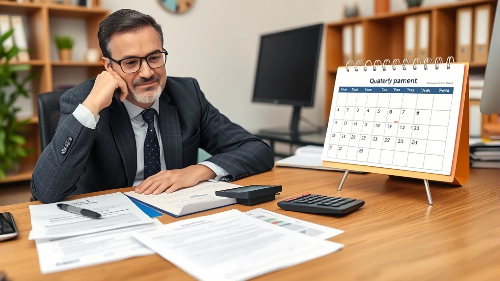 when are virginia state taxes due - 
Business owner at desk with quarterly payment schedule calendar, calculator, an