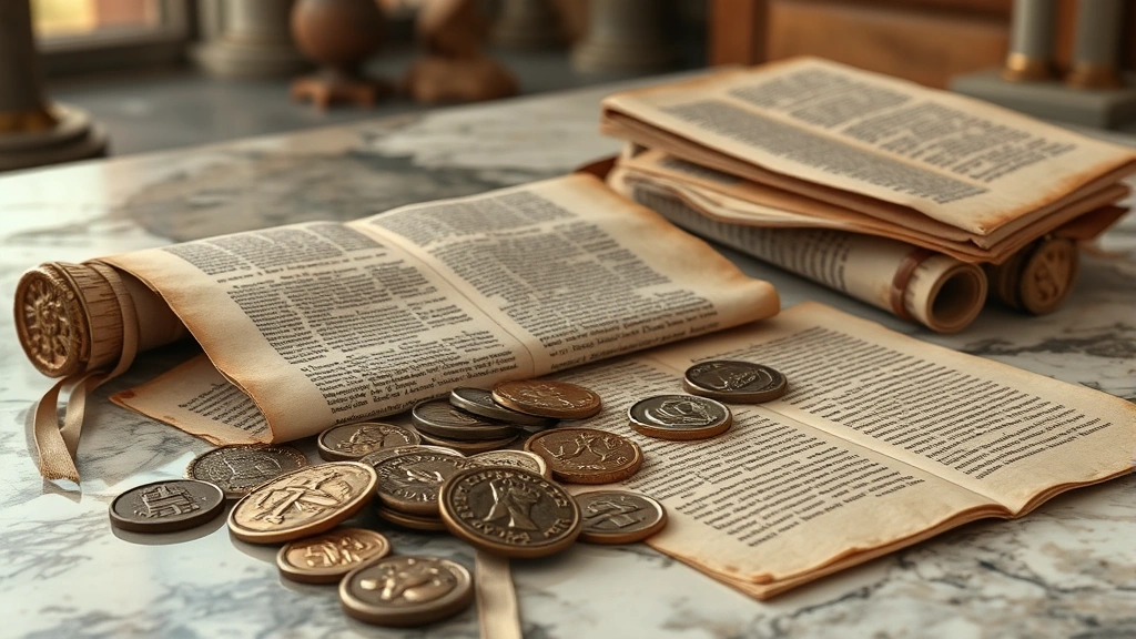 when did property tax start - 
Ancient Roman coins and scrolls on marble surface with historical manuscripts, 