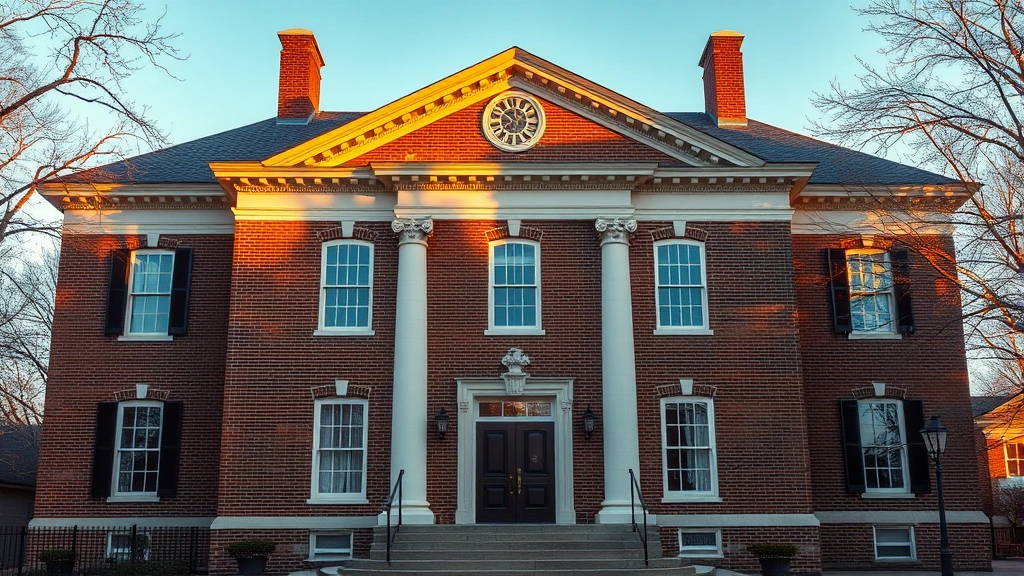 when did property tax start - 
Colonial-era courthouse building exterior with brick architecture and period de