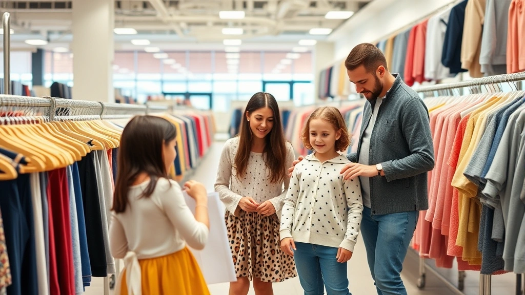 when is tax free week in maryland - 
Family of four shopping in retail clothing store, parents helping children try 