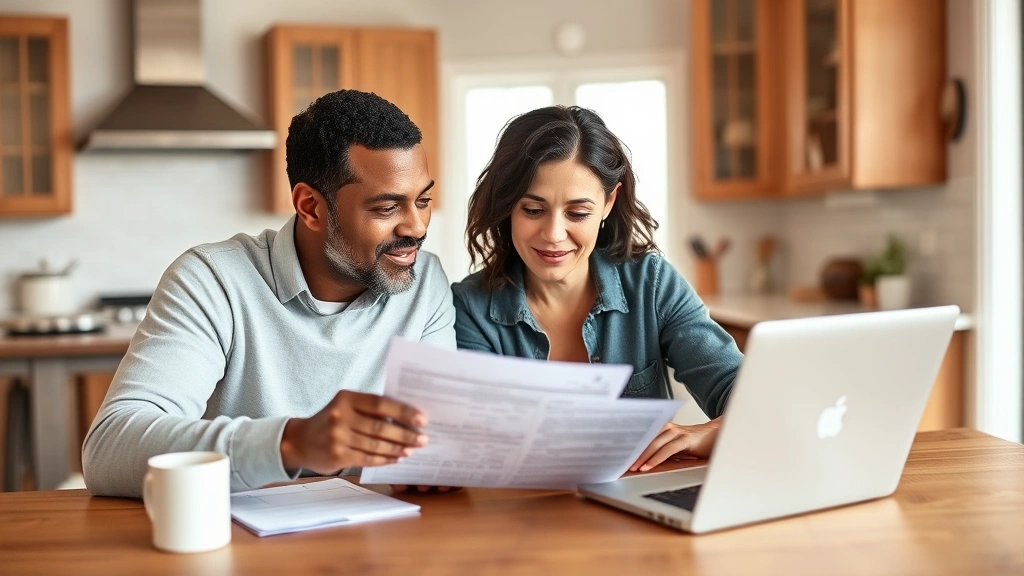 yolo county property tax - 
Diverse homeowner couple reviewing tax forms together at kitchen table with lap