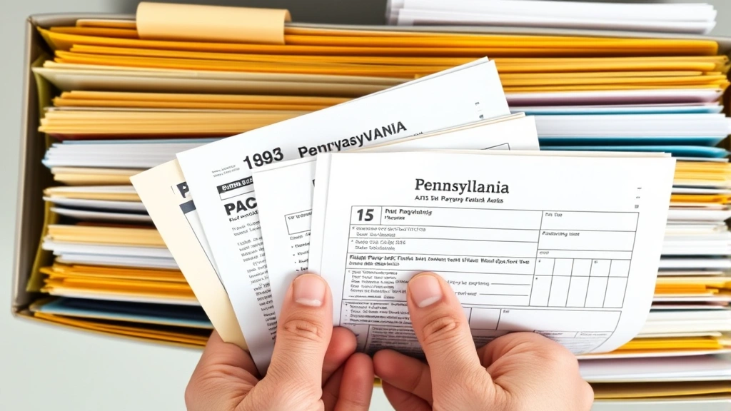 york adams tax - 
Close-up of hands holding Pennsylvania tax forms and IRS documents in organized