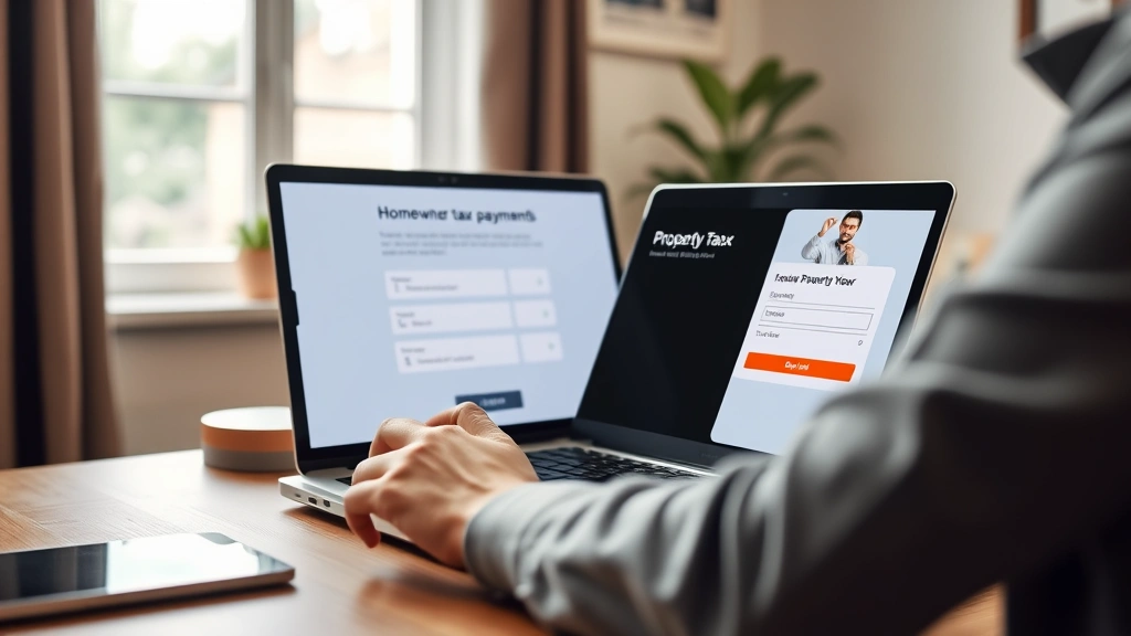 york and adams tax bureau - 
Homeowner checking online property tax payment portal on laptop screen in home 