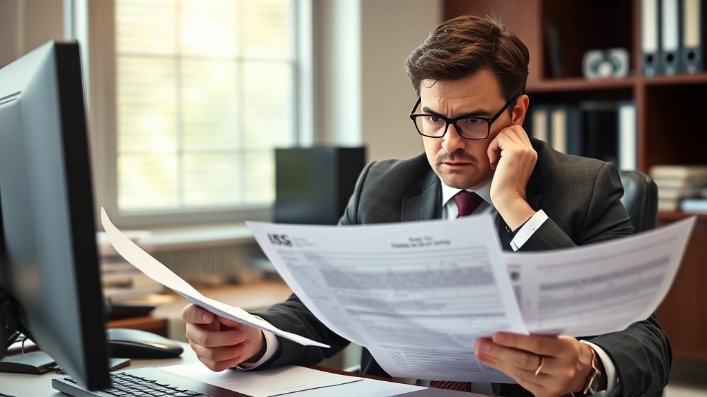 zelle tax reporting - 
Serious business professional in blazer looking concerned while reviewing tax f