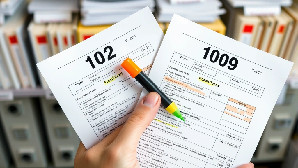 zero tax elimination program -
Close-up of hands holding W-2 and 1099 forms with highlighter marking deduction