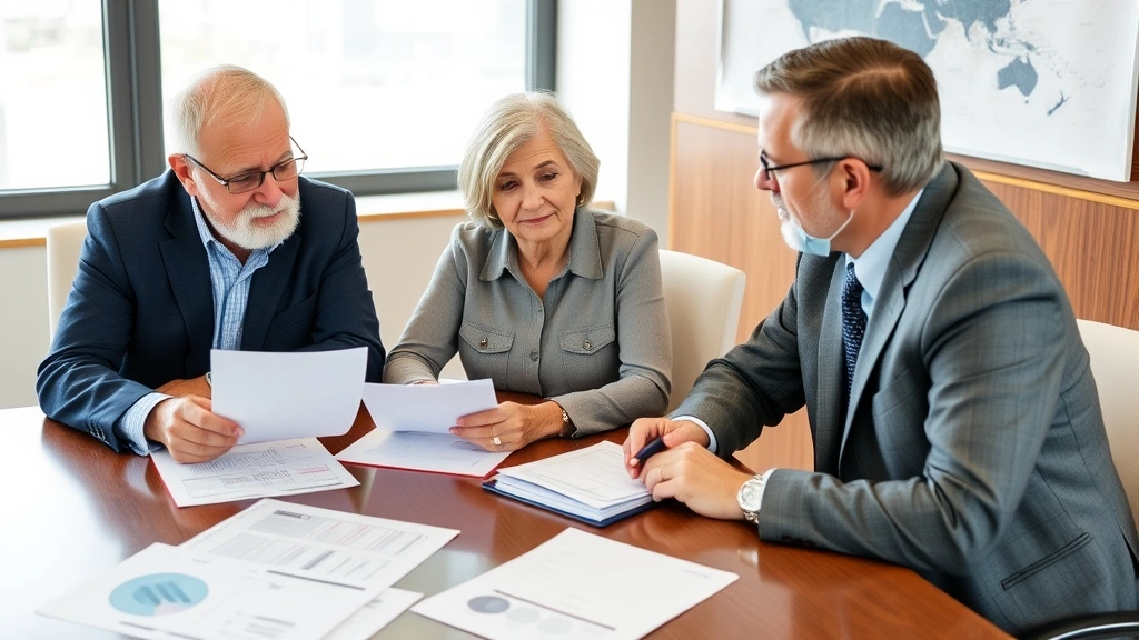 zero tax elimination program -
Senior couple meeting with financial advisor reviewing tax strategy documents a