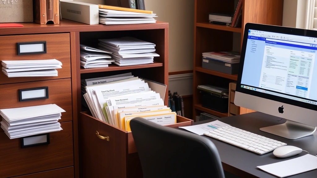 zero tax elimination program -
Organized home office workspace with filing cabinet, tax forms, receipts in lab